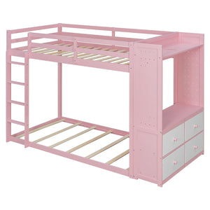 English Elm Twin Bunk Bed with Storage Drawers Hanging Rail Led Shelves and Pegboard Organizer Pink LT000282AAH