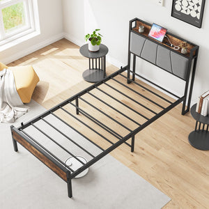 English Elm Twin Twin Size Bed Frame with Storage Headboard, USB Charging Ports, Gray Upholstered, Sturdy Metal Slats W840120026