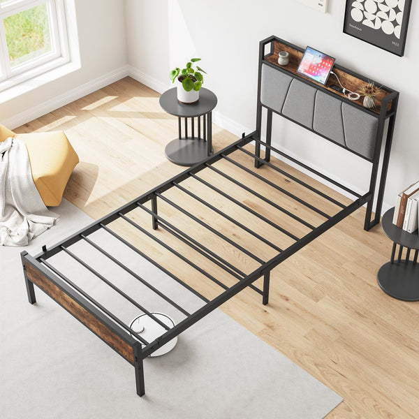 English Elm Twin Twin Size Bed Frame with Storage Headboard, USB Charging Ports, Gray Upholstered, Sturdy Metal Slats W840120026