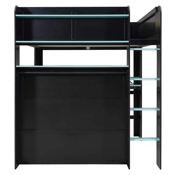English Elm Full Size Gaming Bunk Bed with Rgb Lighting Integrated Desk Wardrobe and Storage Blue LT100266AAC