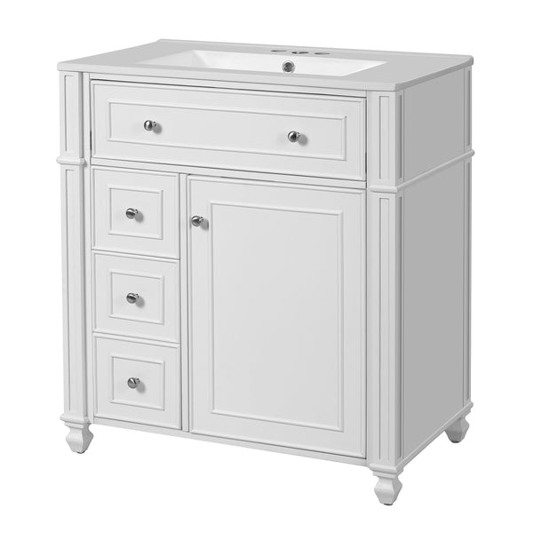 English Elm Bathroom Vanity with Sink French-Inspired 30" Ceramic Basin Vanity Cabinet with Soft-Close Doors & Drawer Organizer White N710P286723K