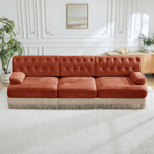 English Elm 3-seater Velvet Tufted Sofa with Tassel Fringe Skirt French Luxe Living Room Seating Red+Brown W714S01722