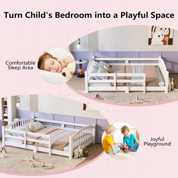 English Elm Twin Montessori Floor Bed Solid Pine Frame with Safety Guardrails for Kids Bedroom White N733P400298K