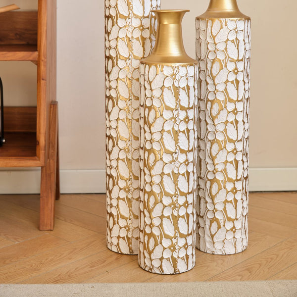 English Elm Floor Antique White Gold Metal Vases Set of 3 (32/28/24") — Tall Decorative Centerpieces for Entryway W2796P193594
