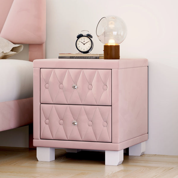 English Elm Elegant Velvet Upholstered Nightstand with Crystal Knobs Tufted Glam Bedside Storage Pink N733P210398H