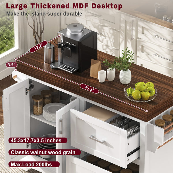 English Elm K&k Rolling Kitchen Island with Walnut Grain Countertop Drawers and Spice Rack White N707S000025W