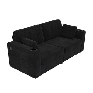 English Elm Sofas for Living Room Chenille Three Seat Couch with Usb Charging Storage and Cup Holder Black W395S00144