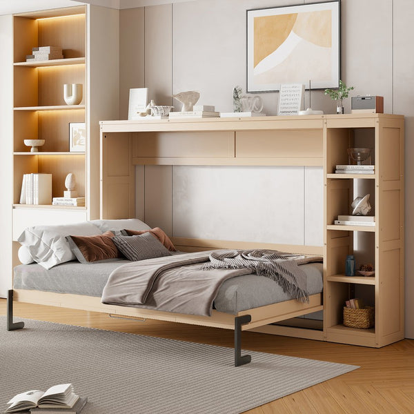 English Elm Full Full Size Murphy Bed with Bookshelf and Fold-Down Work Surface, Space-Saving LVL/MDF Design Natural GX002220AAN