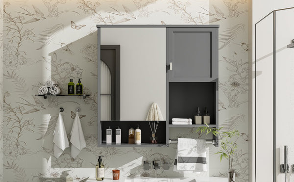 English Elm 29'' Wall Mounted Bathroom Cabinet with Mirror Towel Bar and Adjustable Shelving N710P209440E