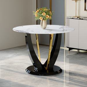 English Elm 42 Inch Round Tempered Glass Dining Table Marble Look Top with Gloss Black V Legs W2827P341695