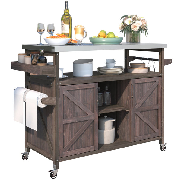 English Elm K&K Outdoor Kitchen Island Rolling Bar Cart with 1.2" Stainless Steel Top, Ample Storage, Wheels and Spice Rack Dark Brown WF532198AAZ