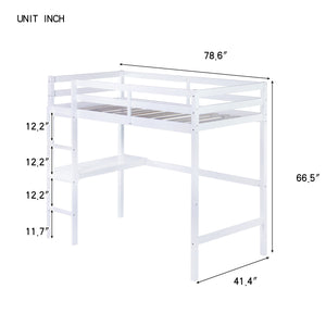 English Elm Twin High Loft Bed with Built-In Desk and Ladder — Space-Saving Rubberwood Study & Sleep Solution White W504P206979