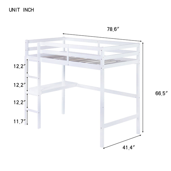 English Elm Twin High Loft Bed with Built-In Desk and Ladder — Space-Saving Rubberwood Study & Sleep Solution White W504P206979
