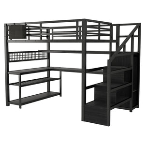English Elm Full Size Steel Loft Bed with Staircase Storage Wardrobe Desk and Led Lighting Black W2593S00079