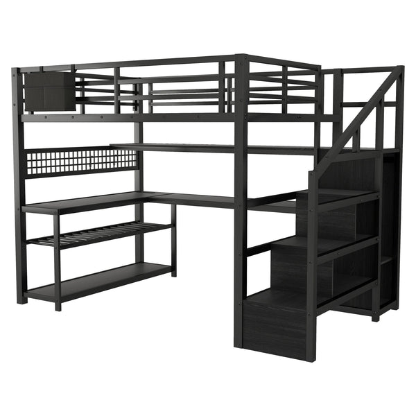 English Elm Full Size Steel Loft Bed with Staircase Storage Wardrobe Desk and Led Lighting Black W2593S00079