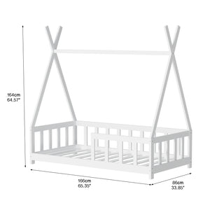 English Elm Floor Bed Cream White Montessori House Frame for Kids with Guardrail Tent Play Space, Solid Wood W2992S00006