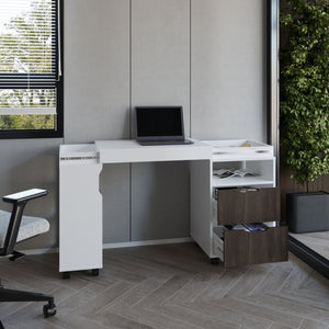 English Elm Extendable White Desk with 2 Drawers, 4 Shelves & Wheels — Adjustable, Compact, Eco-Friendly Design B097P296841