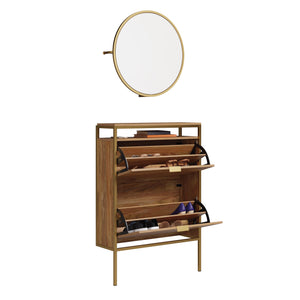 English Elm Wall-mounted Shoe Cabinet with Mirror and Hooks — Space-Saving Tilt-Out Storage, Brown Engineered Wood B356P367815