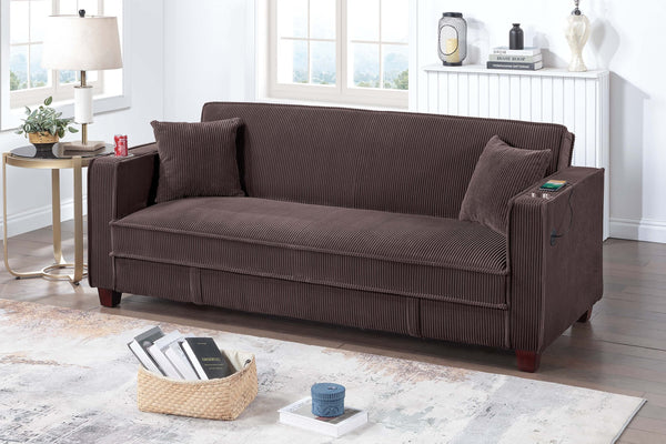 English Elm 1pc Corduroy Convertible Sofa with Storage Base Usb Port Cup Holders Wood Legs Chocolate B011P430417