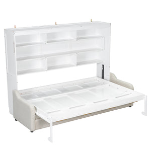 English Elm Queen Murphy Cabinet Bed with Sofa Foldaway, Built-In Shelves, LED Lighting, Space-Saving Beige N7090000603A