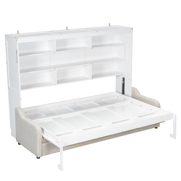 English Elm Queen Murphy Cabinet Bed with Sofa Foldaway, Built-In Shelves, LED Lighting, Space-Saving Beige N7090000603A