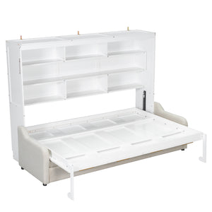 English Elm Queen Murphy Cabinet Bed with Linen Sofa Built-in Shelves and Integrated Led Light N7090000603A-1
