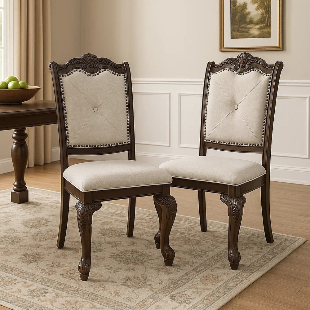 English Elm Cary Button-tufted Linen Dining Chairs Set of 2 Scrolled Wood Traditional Style B056P417079
