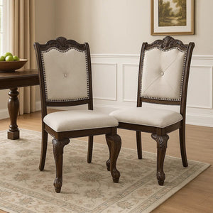 English Elm Cary Button-tufted Linen Dining Chairs Set of 2 Scrolled Wood Traditional Style B056P417079