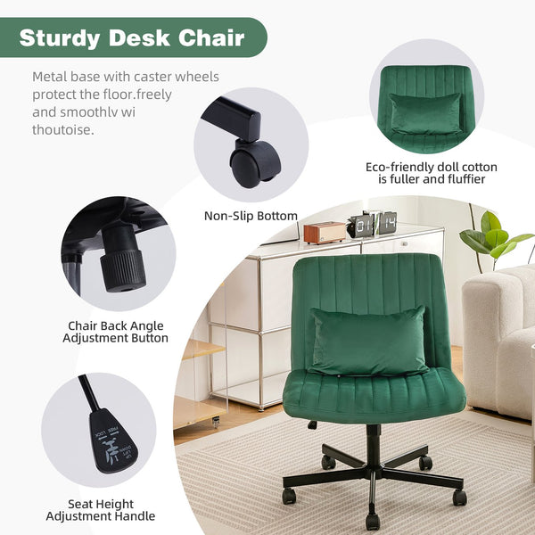 English Elm Green Velvet Criss Cross Armless Office Chair Model 875 - Plush Swivel, Adjustable Tilt, Wheels for Home W3394P329164