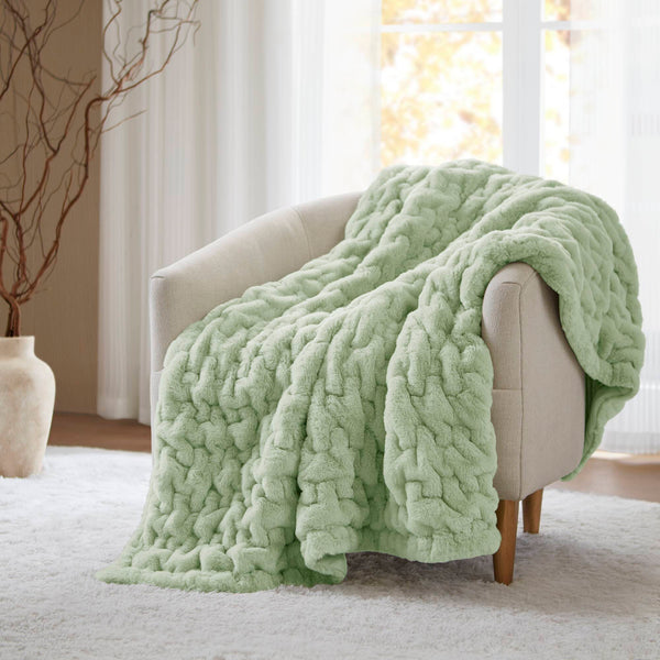 JLA Home Madison Park - Faux Ruched Faux Fur Throw with Reversible Faux Mink Backing, OEKO-TEX Certified, Machine Washable Luxury Sage Green MP50-8800
