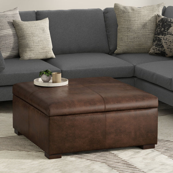 English Elm Gabbie Square Storage Ottoman Coffee Table - Chic Distressed Chestnut Leather, Versatile & Durable Design B136P252674