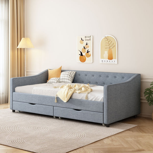 English Elm Twin Size Daybed With Drawers - Elegant Light Grey Upholstered Sofa Bed, Tufted Design & Storage W2336S00039-GIGA