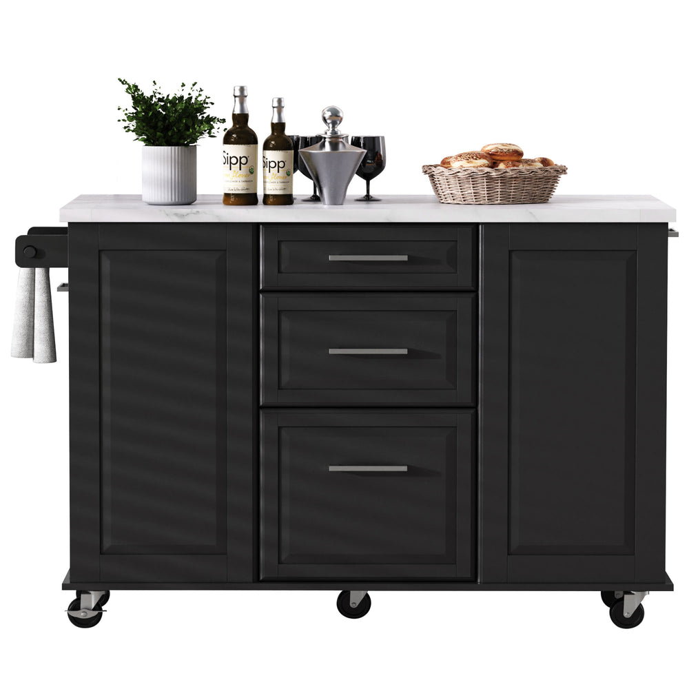 English Elm K&K Vintage Convex Kitchen Island Cart with Faux Marble Top, Tilt Trash, Pull-Out Organizer, Wheels Black N707P299008B
