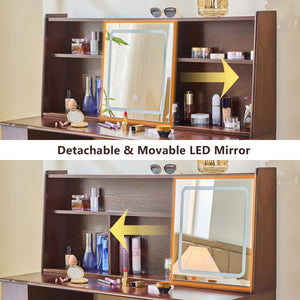 English Elm Elegant Walnut Makeup Vanity with Sliding 3-Color LED Mirror, Large Shelves, Fluted Drawer & Cabinet N844P257533W