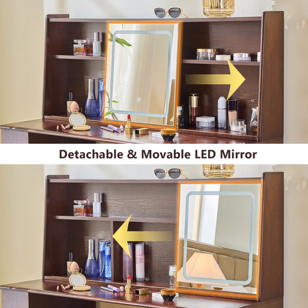 English Elm Elegant Walnut Makeup Vanity with Sliding 3-Color LED Mirror, Large Shelves, Fluted Drawer & Cabinet N844P257533W
