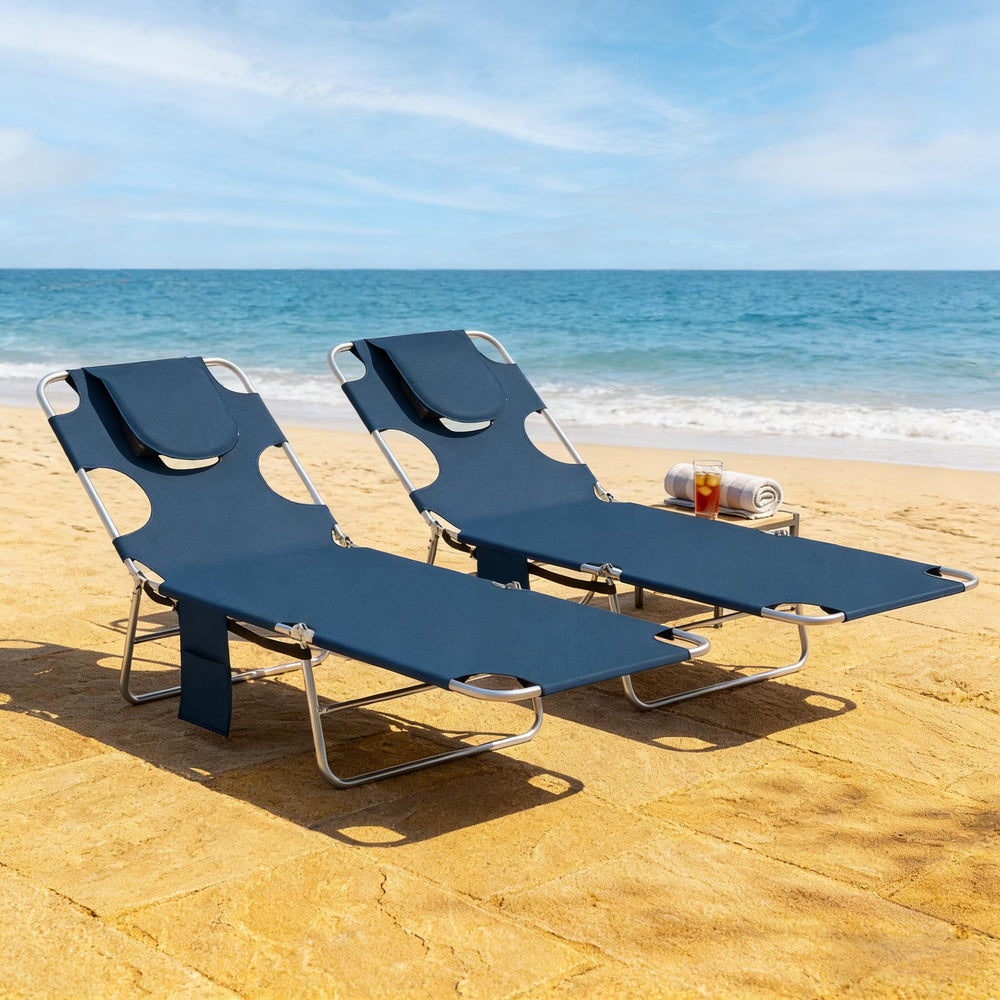 English Elm Outdoor Folding Chaise Loungers Set of Two with Face Cavity for Pool and Patio T3971P481651
