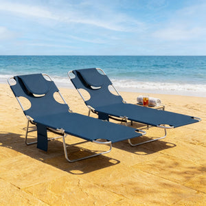 English Elm Outdoor Folding Chaise Loungers Set of Two with Face Cavity for Pool and Patio T3971P481651