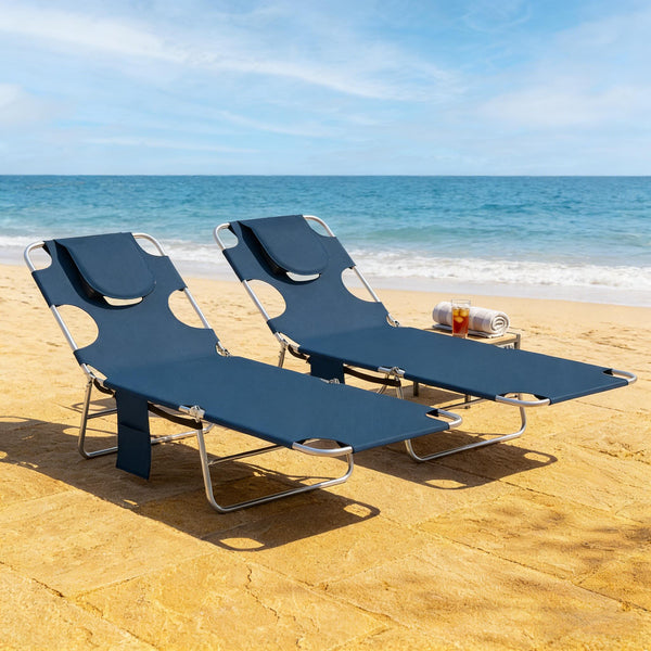 English Elm Outdoor Folding Chaise Loungers Set of Two with Face Cavity for Pool and Patio T3971P481651