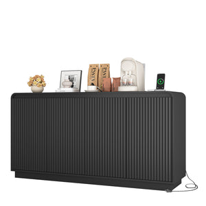 English Elm Black Fluted Wave Door Media Console with Built-in Power Outlet and Adjustable Shelving Black W409P452057