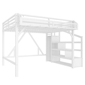 English Elm Full Xl Over Twin Triple Metal Bunk Bed with Storage Stairs and Shelves Black W1580S00414