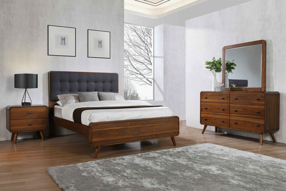 English Elm Roxbury Mid-century California King Bedroom Set with Walnut Veneer and Tufted Headboard B062S00789