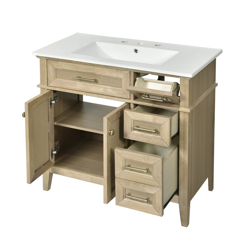 English Elm 36" Light Oak Bathroom Vanity with Ceramic Sink, Rattan Accents, Soft-Close Doors & Spacious Drawers N729P208125O