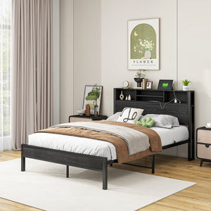 English Elm Full Size Bed Frame with Storage Headboard, Metal Platform with Charging Station, Silent, Sturdy, Black Storage Shelves and Under-Bed Space W840P241043