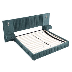 English Elm 2628q-bu-gen-3 Hand-pleated Upholstered Bed with Integrated Nightstands and Reading Lamps W487P358835