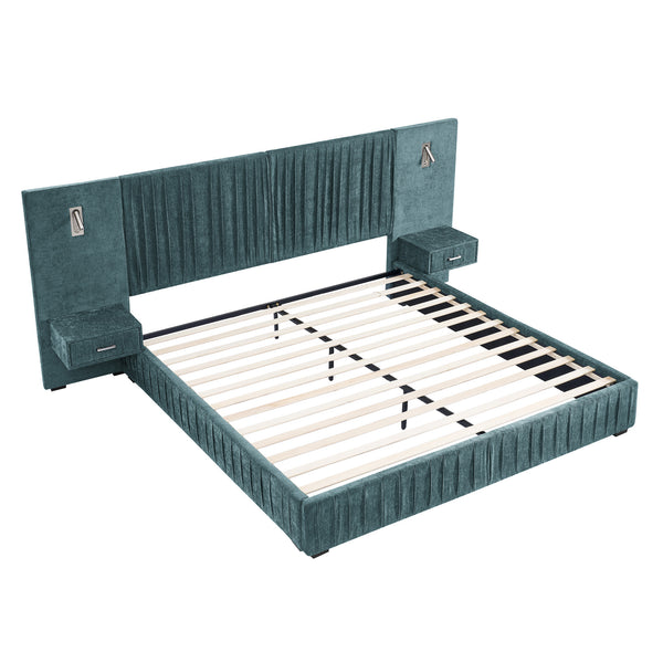 English Elm 2628q-bu-gen-3 Hand-pleated Upholstered Bed with Integrated Nightstands and Reading Lamps W487P358835