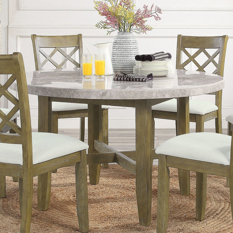 English Elm Marble Round Dining Table with Rustic Oak Base, Stain-Resistant Top, Classic Leg Design, Durable Elegance B016P329994