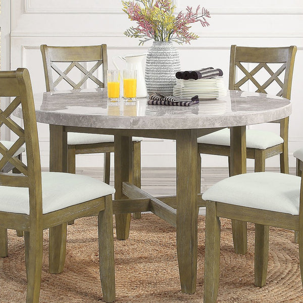 English Elm Marble Round Dining Table with Rustic Oak Base, Stain-Resistant Top, Classic Leg Design, Durable Elegance B016P329994