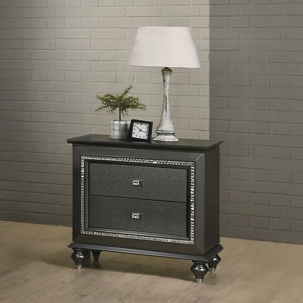 English Elm 1pc Transitional Nightstand Metallic Gray Finish with Crystal Trim, Textured Front & 2 Drawers, 30"W x 18"D x 30"H B2741P322568