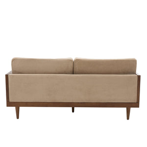 English Elm Emir Three Seat Boucle Sofa with Handwoven Cane Arms and Walnut Tapered Legs Camel N773P285909C