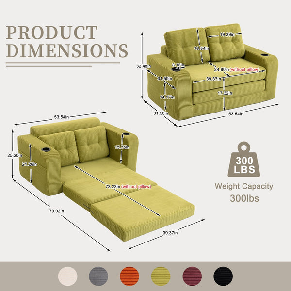 English Elm Convertible Floor Sofa Bed with Memory Foam and Ribbed Corduroy for Small Spaces Olive W395P438030